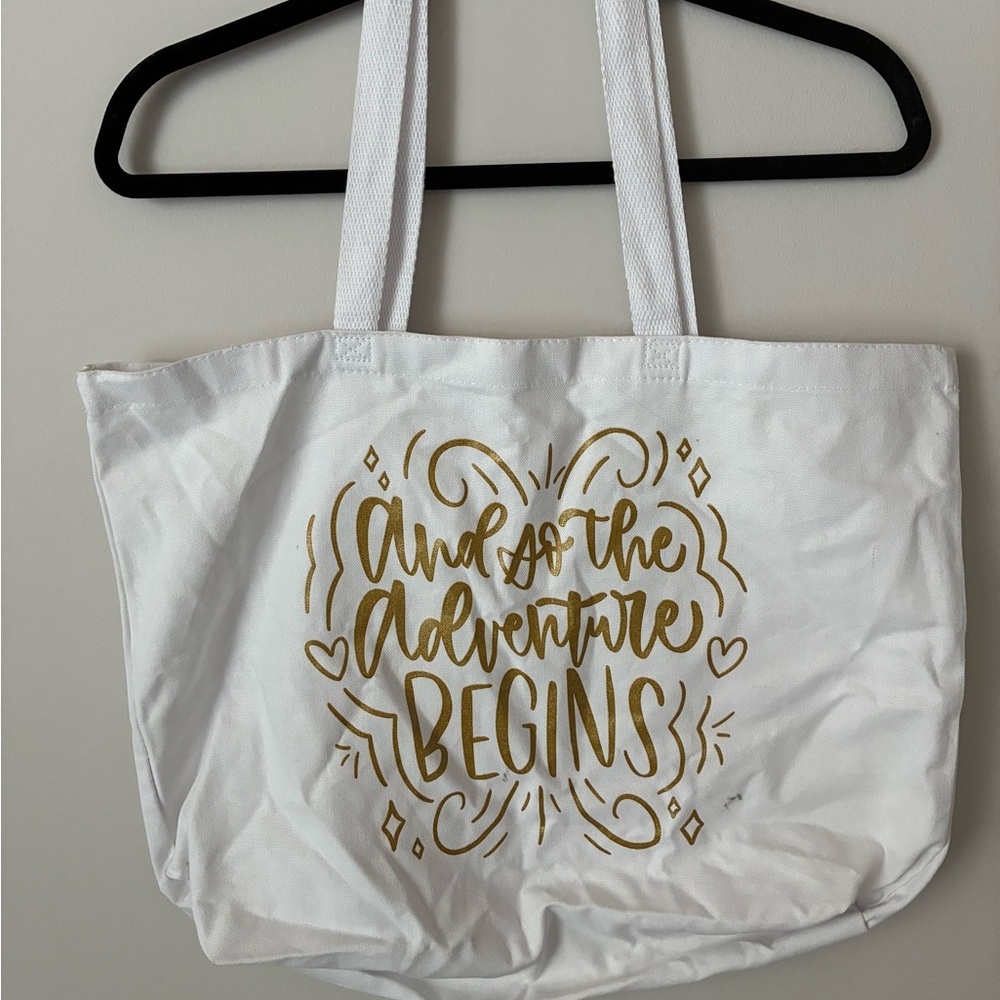 White Tote Bag with Gold Print Wedding Cruise